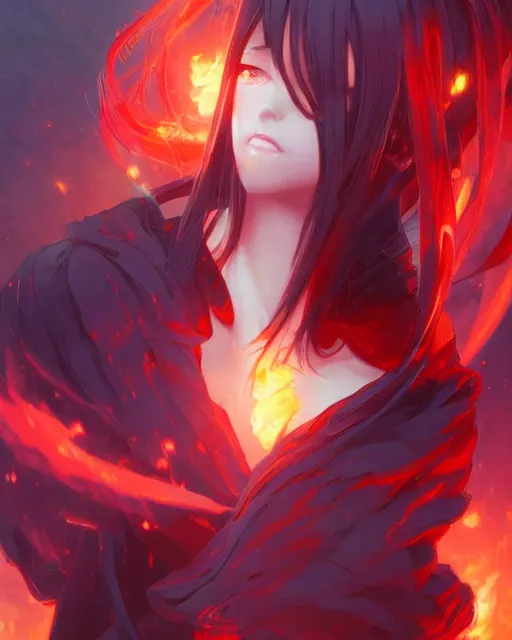 Image similar to red eyed anime girl, flames everywhere, highly detailed, digital painting, artstation, concept art, smooth, sharp focus, illustration, art by artgerm and greg rutkowski and alphonse mucha