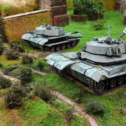 Image similar to 1/35 scale model tanks sieging a tiny city in a garden, 8k, award winning photo, scale model photography,