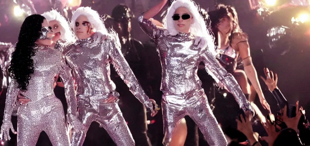 Image similar to Michael Jackson and Lady Gaga in a futuristic sparkly electric music video, 4K Vevo 2012