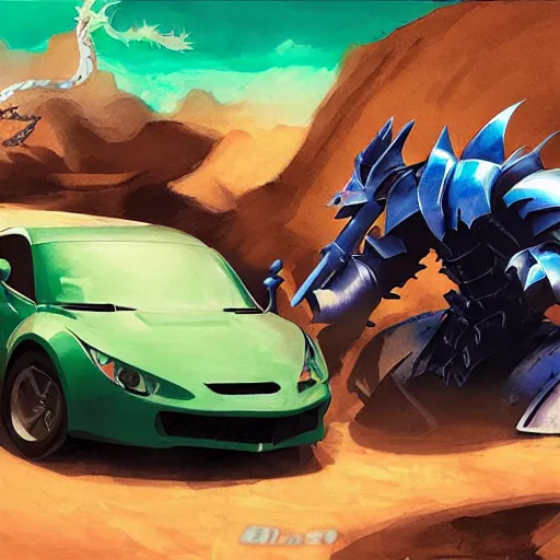 Prompt: dragon fight vs blue armor knight, green car, desert landscape, greg manchess, akehiko inoue and ross tran