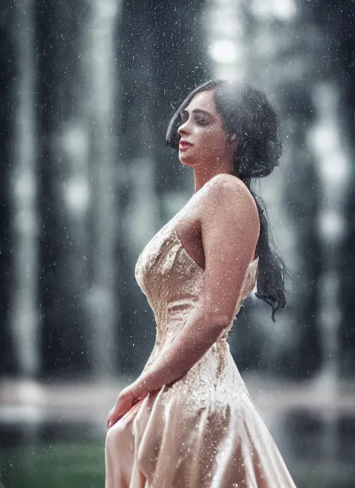 Image similar to symmetry!! a 2 8 mm macro photo of a woman in a formal gown standing in the rain, misty, morning, splash art, movie still, bokeh, canon 5 0 mm, cinematic lighting, dramatic, film, photography, golden hour, depth of field, award - winning, anamorphic lens flare, 8 k, hyper detailed, 3 5 mm film grain