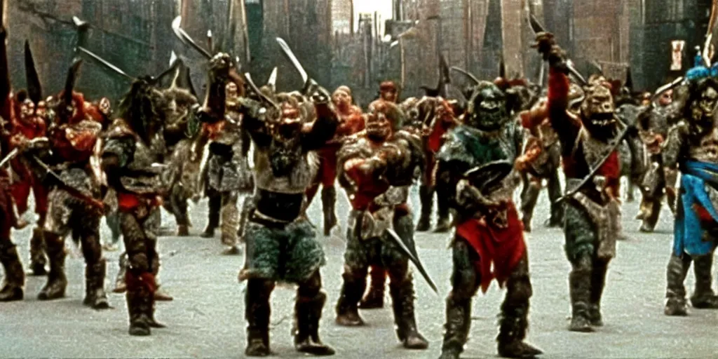 Prompt: A full color still from a Stanley Kubrick film featuring actors dressed as angry Orcs, waving swords, 35mm, 1970