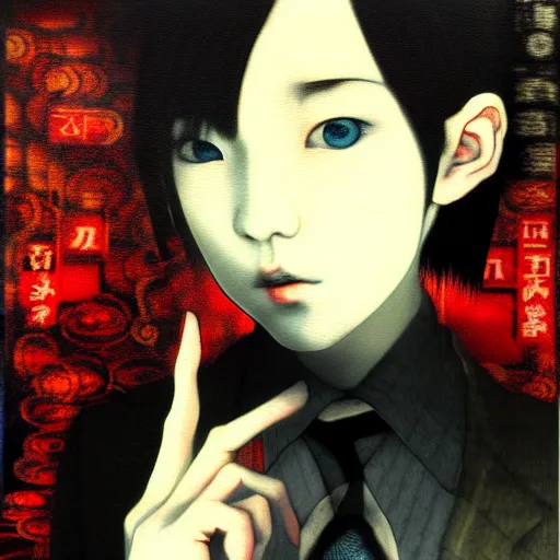 Image similar to yoshitaka amano blurred and dreamy realistic three quarter angle portrait of a young woman with short hair and black eyes wearing office suit with tie, junji ito abstract patterns in the background, satoshi kon anime, noisy film grain effect, highly detailed, renaissance oil painting, weird portrait angle, blurred lost edges