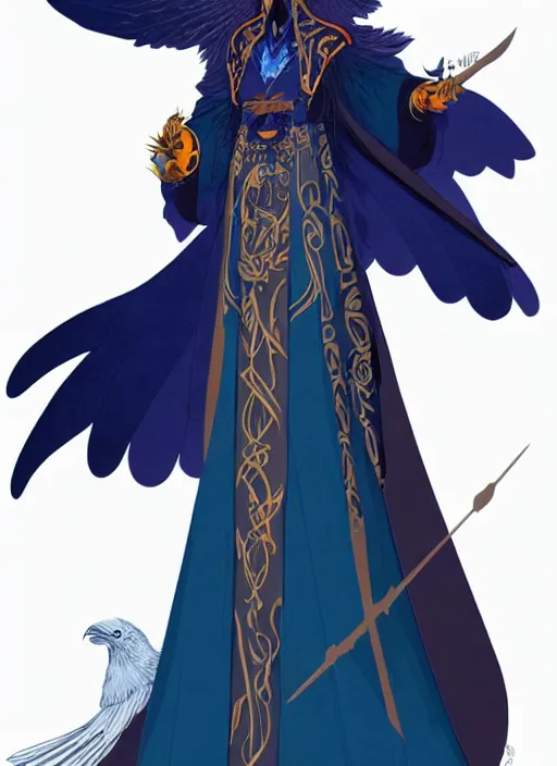 Image similar to hawk and raven headed warlock, wind magic, blue robes, exquisite details, full body character design on a white background, by studio muti