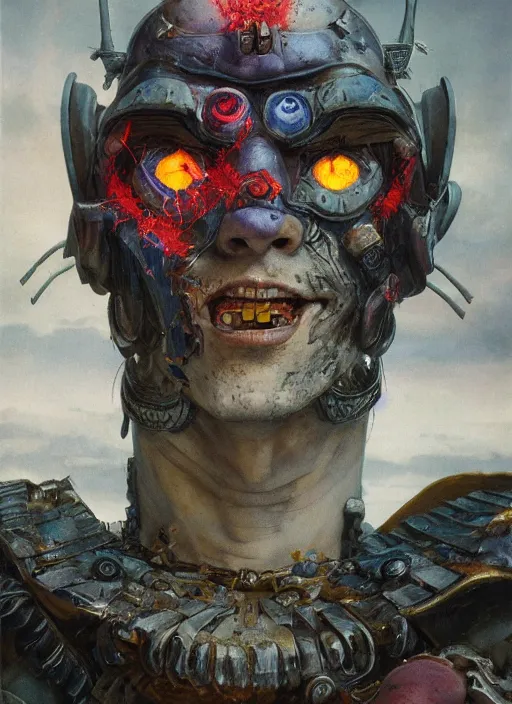 Image similar to portrait of a diabolical cyborg clown samurai, torn cape, adaptive armor, dynamic pose, heavy eyes to the side, ancient ruins, glowing veins subsurface scattering, in clouds, sunset, portrait, by gerald brom, by mikhail vrubel, by peter elson, muted colors, extreme detail, reflections, trending on artstation, 8 k