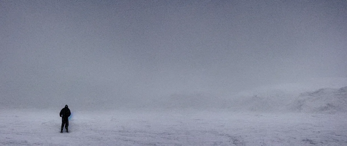 Image similar to a high quality color extreme closeup depth of field creepy hd 4 k film 3 5 mm photograph of very heavy snow storm blizzard in desolate antarctica, the faint barely visible silhouette of a bulky man is inside the blizzard