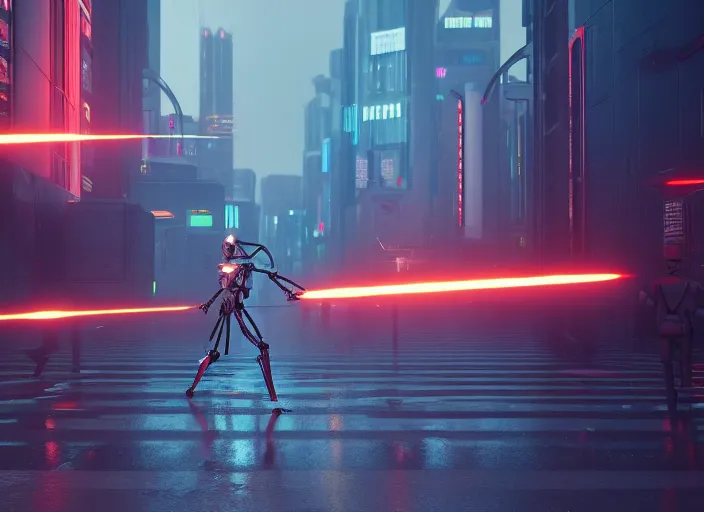 Image similar to 3 5 mm portrait photo of general grievous fighting obi wan kenobi in the city in the rain. cyberpunk horror in the style of george lucas. unreal engine render with nanite and path tracing.