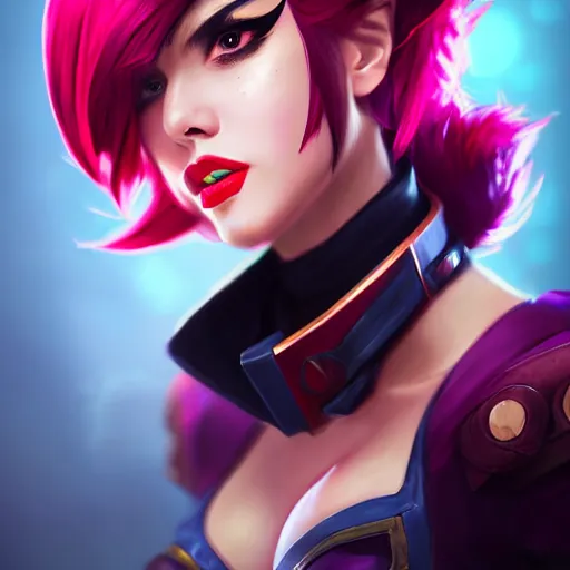 Image similar to portrait of Vi from League of Legends, by Fortiche Studio, by Riot Games, from Netflix's Arcane, trending on artstation,fine details, realistic shaded, fine-face, pretty face, cinematography by Stanley kubrick