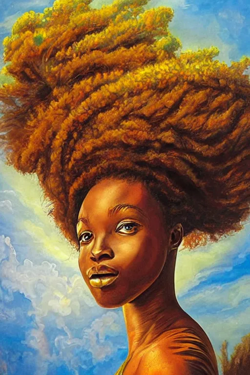 Image similar to painting of african mother nature floating through the sky, inspired by gustav moreau and wayne barlow, exquisite detail, hyper realism, ornate, exquisite detail, cute face