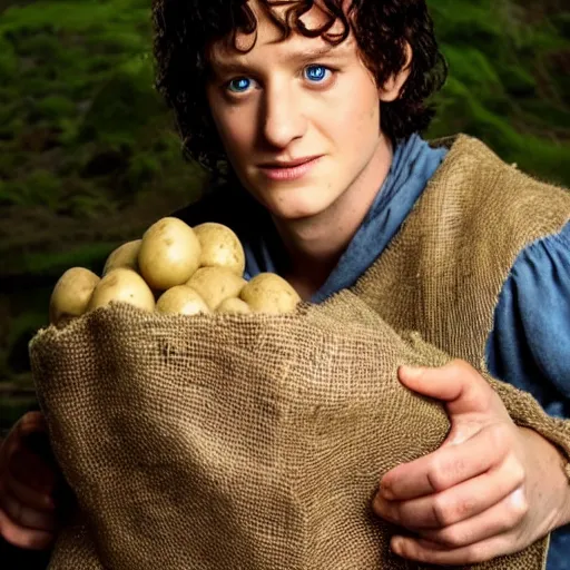 Prompt: frodo from lord of the rings in a burlap sack of potatoes, photography, realistic, mid shot, in his hobbit home