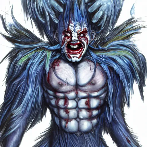 Image similar to 4K headshot of godlike clown with blue skin with defined arms and open hands and bloody clothes with giant mandala wings , white intricate scary clown makeup , flawless anime cel animation by Kentaro Miura, psychedelic , highly detailed upper body , professionally post-processed , beautiful, scary, symmetry accurate features, epic, octane rendered, anime masterpiece, accurate