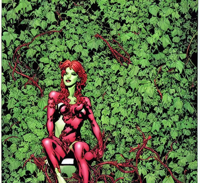 Image similar to dc comics poison ivy character sitting in a throne made of vines, giant venus fly traps, art by joe chiodo, travis charest