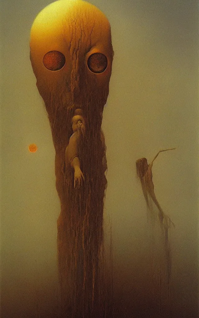 Image similar to iridescent spirit of wrath and fear cruel beautiful spirit with golden eyes lunar mythos ambient fog, award winning oil painting by Zdzisław Beksiński, lunar color palette