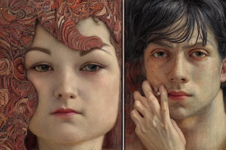 Image similar to detailed people in 1 9 2 0 s movie theatre, exterior greenhouse, portrait face, in the style of frantisek kupka, intricate, miles johnston, keita morimoto, kuroda seiki, cynical realism, ozabu, john william godward, painterly, yoshitaka amano, moebius, beautiful lighting