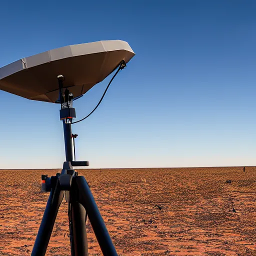 Image similar to mobile camoflaged rugged weather station sensor antenna for monitoring the australian desert, XF IQ4, 150MP, 50mm, F1.4, ISO 200, 1/160s, dawn