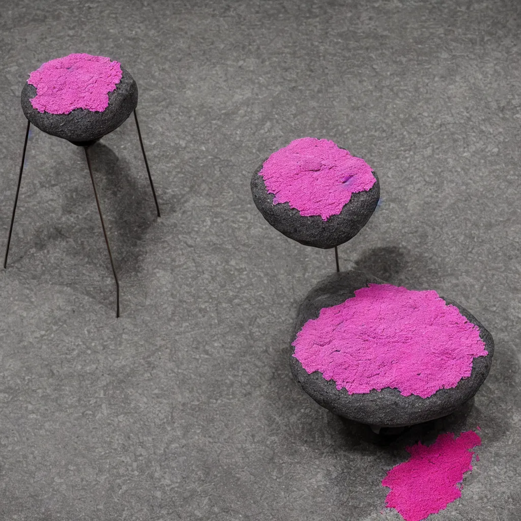 Prompt: Basalt computer covered in pink moss on a museum gallery pedestal, 8K, National Geographic