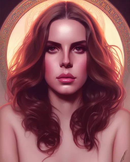 Image similar to symmetry portrait of lana del rey, photorealistic, glam, glowing lights intricate, elegant, highly detailed, digital painting, artstation, concept art, smooth, sharp focus, illustration, art by artgerm and greg rutkowski and alphonse mucha