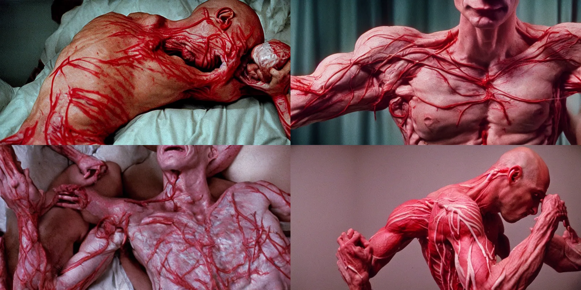 Prompt: johnny sins body horror directed by david cronenberg, limb mutations, swollen veins, red flesh strings, cinestill 8 0 0 t, 1 9 8 0 s movie still, film grain