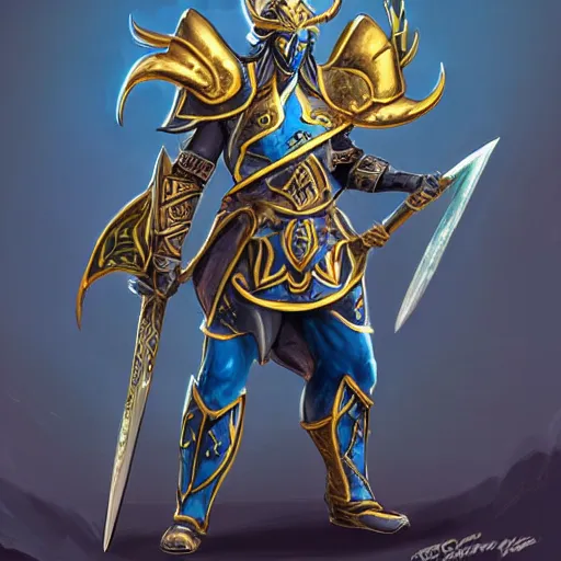 Prompt: concept art of a strong fantasy warrior wearing heavy elvish chitin shell armor blue and gold with two horns in the helmet in a battle while raising his heavy blade for victory