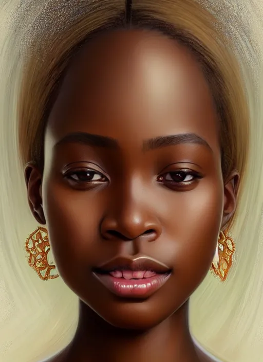 Image similar to beautiful igbo feminine face! portrait of young woman blessed by god with ever - increasing physical and mental perfection, blonde hair, symmetrical! intricate, elegant, highly detailed, vision of holy perfection!! smile, digital painting, artstation, concept art, smooth, sharp focus, illustration, art by artgerm and greg rutkowski and alphonse mucha