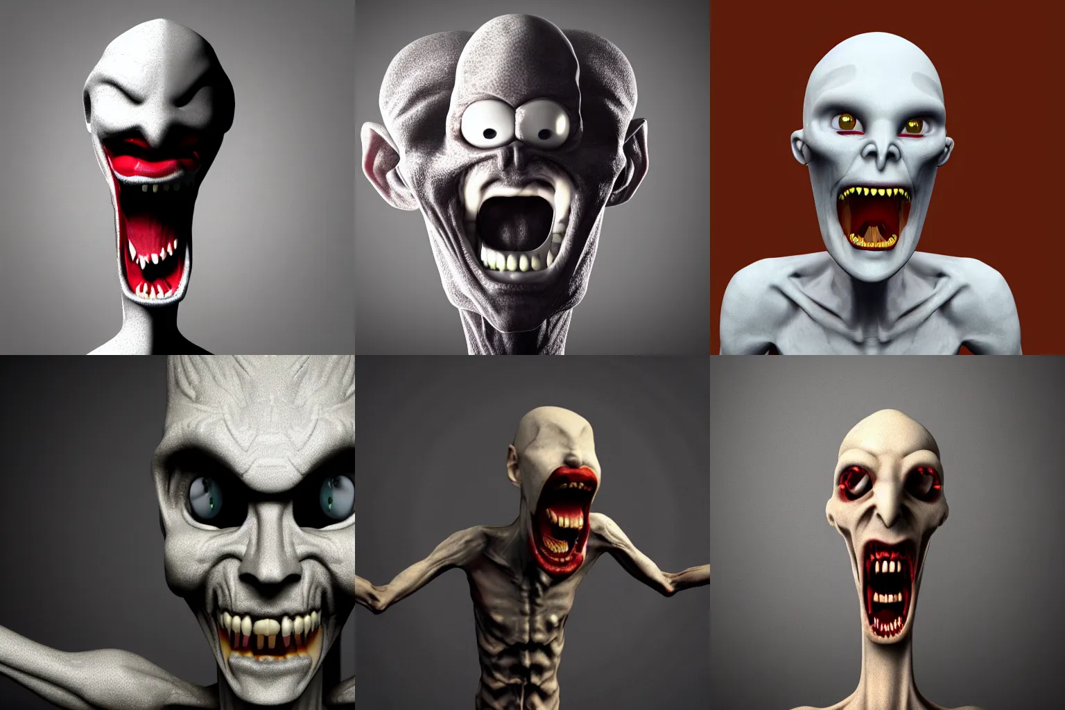 Prompt: a white skinned 3d render of a skinny humanoid with long arms vampire that is angry and screaming, mid-view, long arms, hands on face, ghost eyes, dark background, smokey, ultra 4k