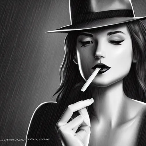 Prompt: noir detective wearing fedora and smoking a cigarette, raining, Artwork by Artgerm