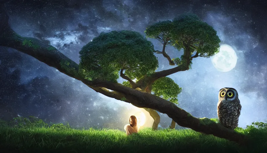 Image similar to very very small owl, sitting on a gigantic banyan tree in moonlit kerala by ilya kuvshinov, starry night, rtx rendering, octane render 1 2 8 k, maya, extreme high intricate details by tom bagshaw, medium shot, close up shot, composition by sana takeda, lighting by greg rutkowski