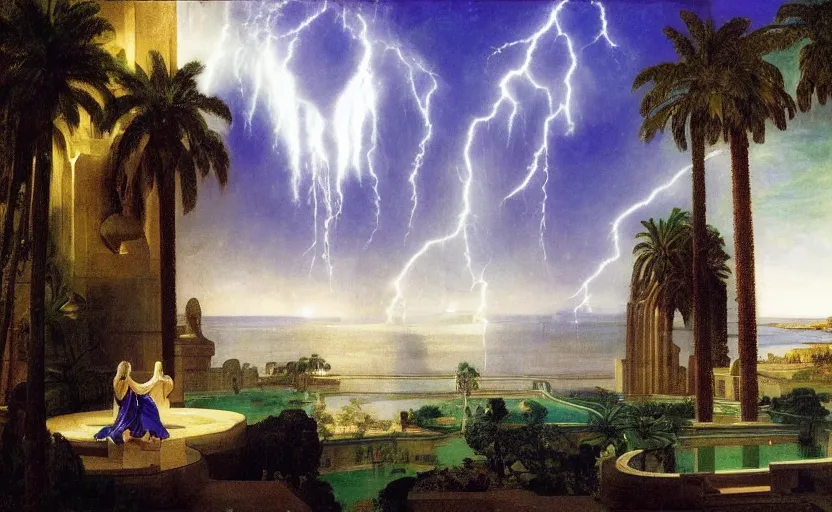 Prompt: Palace of the occult, mediterranean balustrade and columns, refracted sparkles, thunderstorm, greek pool, beach and Tropical vegetation on the background major arcana sky and occult symbols, by paul delaroche, hyperrealistic 4k uhd, award-winning, very detailed paradise