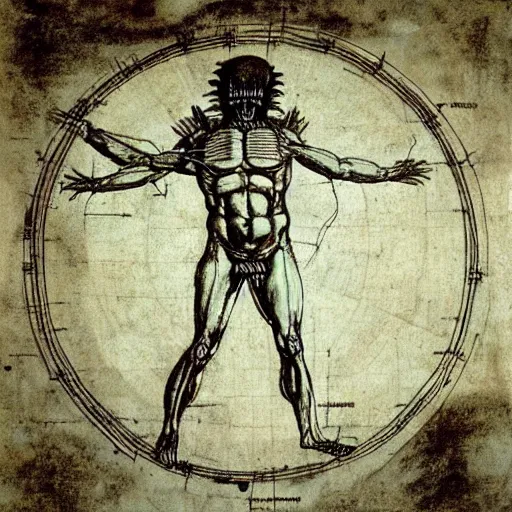 Prompt: a diagram of a xenomorph in the style of leonardo da vinci's vitruvian man