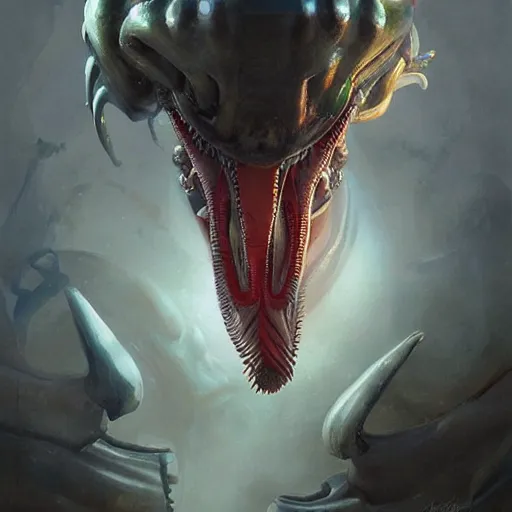 Image similar to hamburger as a xenomorph, painted bygreg rutkowski, john howe, wlop, artgerm