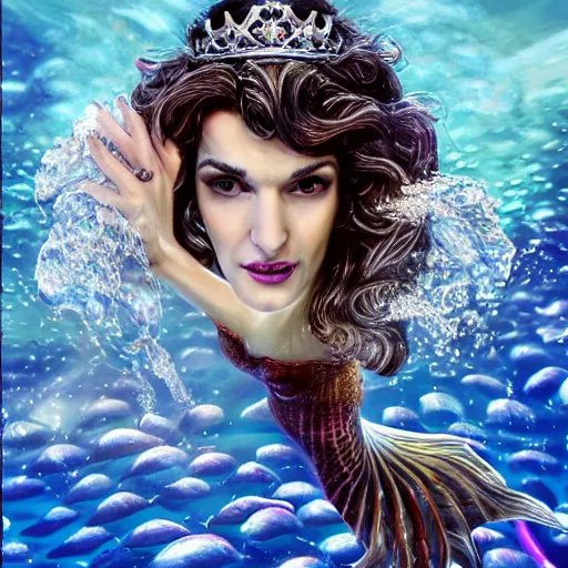 Image similar to rachel weisz portrait, fantasy, mermaid, hyperrealistic, game character, underwater, highly detailed, sharp focus, cinematic lighting, pearls, glowing hair, shells, gills, crown, water, highlights, starfish, jewelry, realistic, digital art, pastel, magic, fiction, ocean, king, colorful hair, sparkly eyes, fish, heroic, god, waves, bubbles