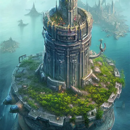 Prompt: aerial view of a giant fish tank shaped like a tower in the middle of a city, godray on plants, fantasy digital art, fantasy style art, fantasy hearthstone art style, fantasy game art by greg rutkowski, darksouls concept art