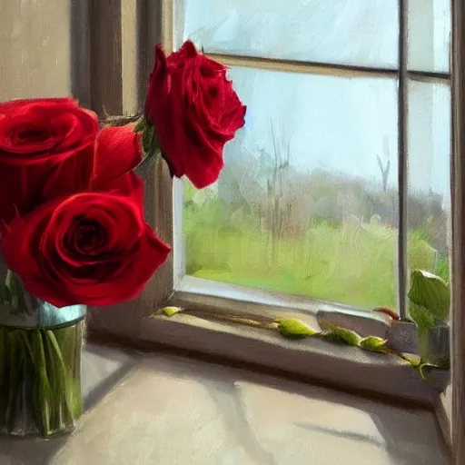 Image similar to The image would feature a windowsill with two vases, one containing a red rose and the other containing a blue violet. The natural light from the window would be shining in on the scene. Trending on artstation