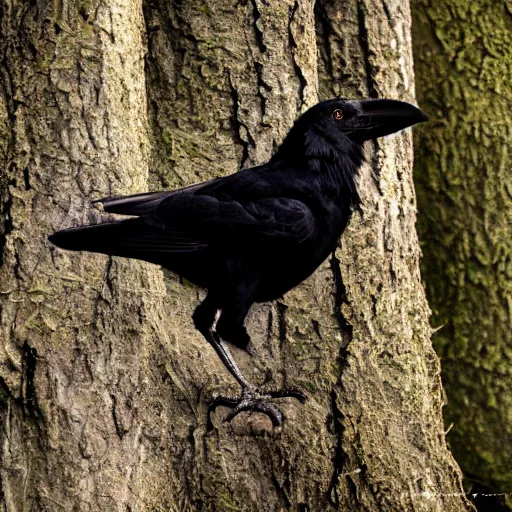 Image similar to crossbreed between a human male and crow, photograph captured in a forest