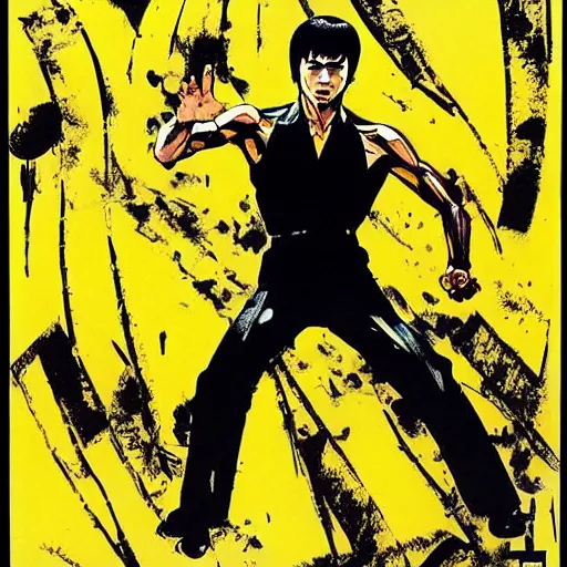 Image similar to Bruce Lee wearing a yellow jumpsuit by Yoji Shinkawa and Ashley Wood