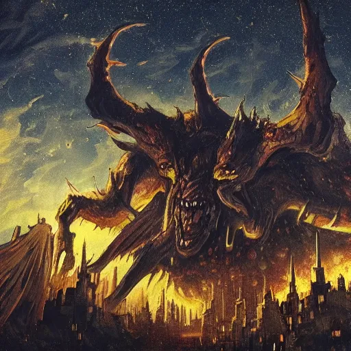 Prompt: Disturbingly huge demon apocalypse, terrorizing a city landscape with highrises, the sky is mystically full of stars and a night time setting and fires