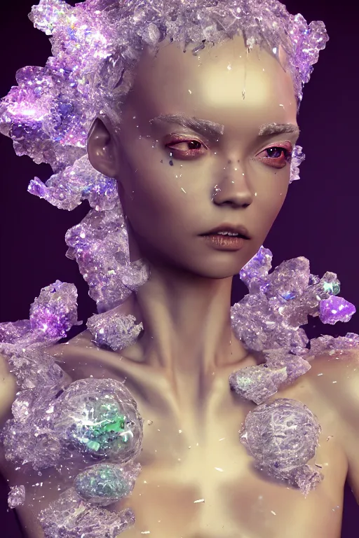 Prompt: skin concept anthropomorph, biopunk, in full growth, magical crystals, smoky crystals, translucent crystals, luminous sparkling crystals, many details, 3 d, cinematic, hyper realism, high detail, octane render