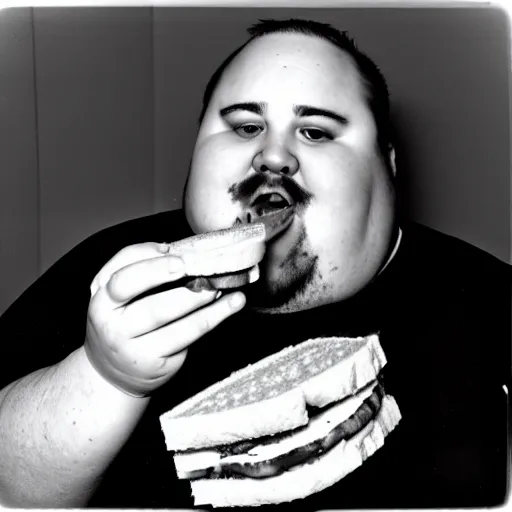 Image similar to a black and white film photograph snapshot of a fat man biting a sandwich. no hands. no fingers. holga, lomo, lomography, retro, toy camera, film, tri - x, plus - x, vintage