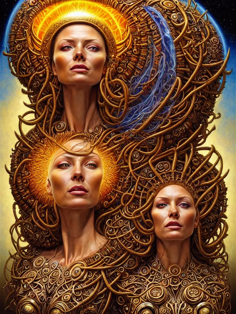 Image similar to hyper-realistic fullbody portrait. very complex hyper-maximalist overdetailed cinematic cosmic scifi portrait of an elegant very attractive sun goddess mother of the universe by andrei riabovitchev, tomasz alen kopera, oleksandra shchaslyva and peter morbacher. Extremely ornated and decorative. Fancy luxury beautiful. Omnious intricate. Secessionist portrait illustration. Goddess of the sky. Focus on face. Artstation. Deviantart. 8k 4k 64megapixel. Rendered by binx.ly.