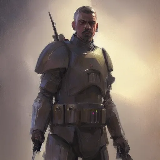 Image similar to concept art of a portrait by greg rutkowski, a soldier of the eternal empire wearing purple and white tactical gear, star wars expanded universe, smooth, sharp focus, artstation hq.