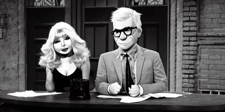 Prompt: Photoreal Cinematography of a photorealistic muppet version of Debbie Harry hosting The Muppet show with actor Steve Martin