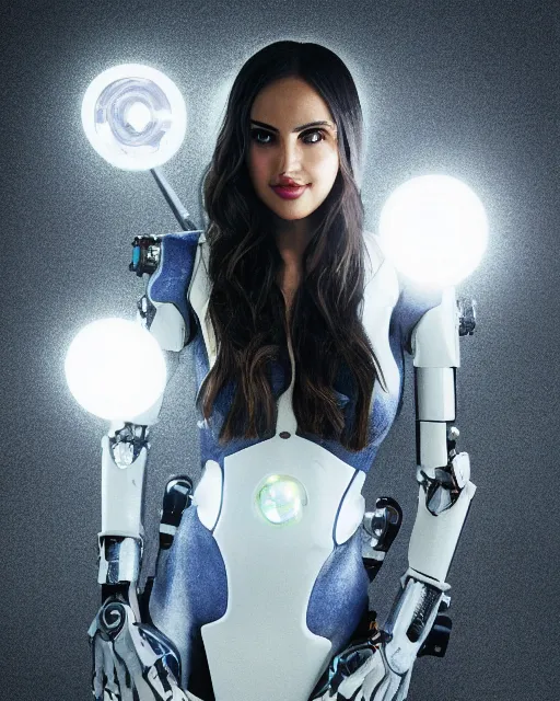 Prompt: centered portrait of soulful eiza gonzalez as a solarpunk mecha humanoid robotic parts with bright led lights, real human face, pudica gesture bouguereau style, in white room, ultra - realistic and intricate, soft portrait shot 8 k