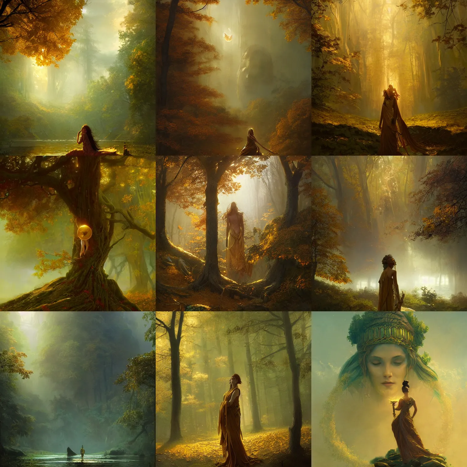 Prompt: goddess of autumn. gold - green atmospheric lighting. detailed matte painting by greg rutkowski.