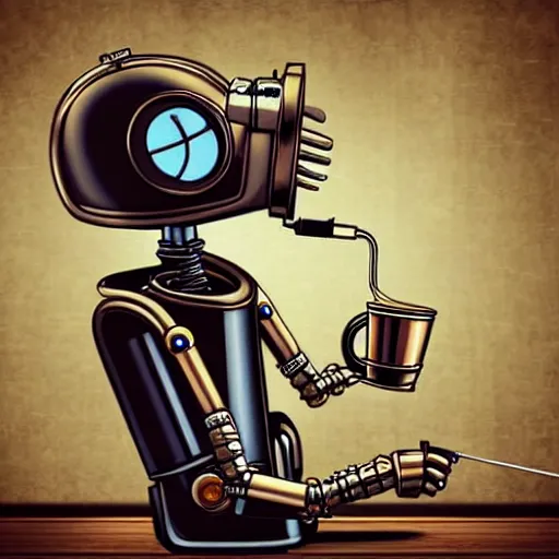 Prompt: steampunk robot drinking a cup of oil in a bar