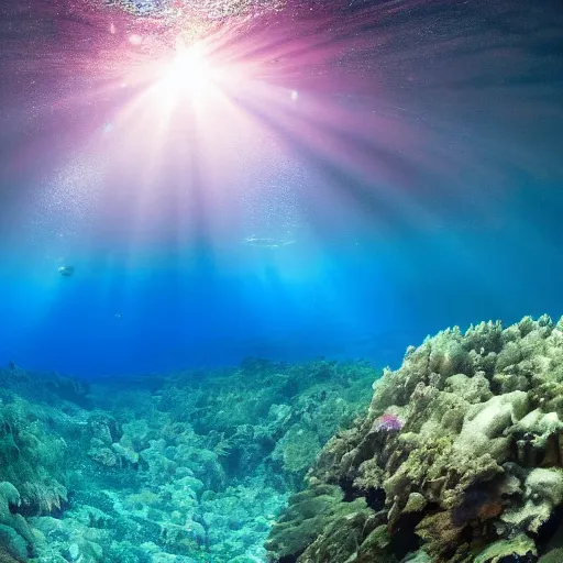 Prompt: british underwater seascape, wide angle, biogenic reefs habitat, rays of sunshine, hyper realistic