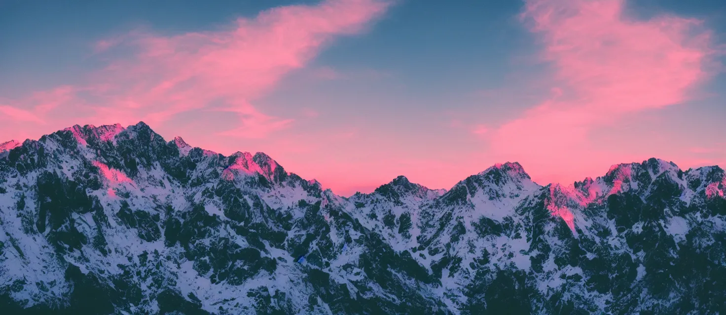 Image similar to beautiful mountain landscape, vaporwave, sunset, professional photography