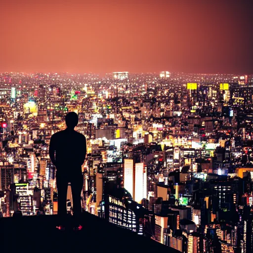 Image similar to silhouette of man in front of nighttime Tokyo city skyline, neon colors, beautiful photography, 8K