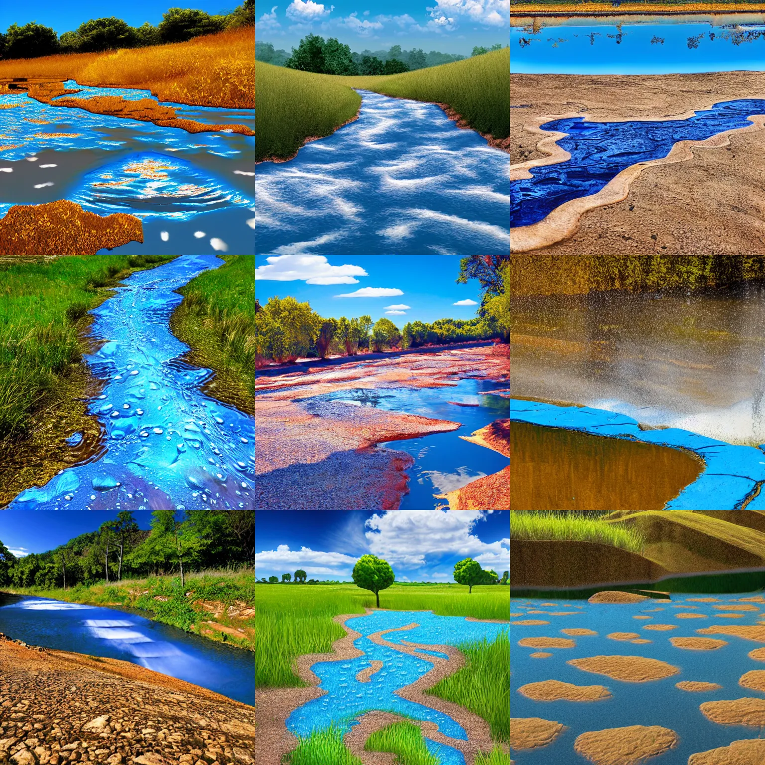 Prompt: Massive drops of water floating over dry river, sunny weather, perfect blue sky saturated colors, hyper detailed photorealistic