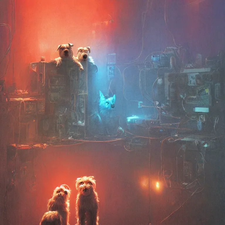 Prompt: two terrier dogs, watching a pop concert, bright colorful lights, crowded, excited atmosphere, digital art, concept art, trending on artstation, cinematic lighting, giger, beksinski, barlowe