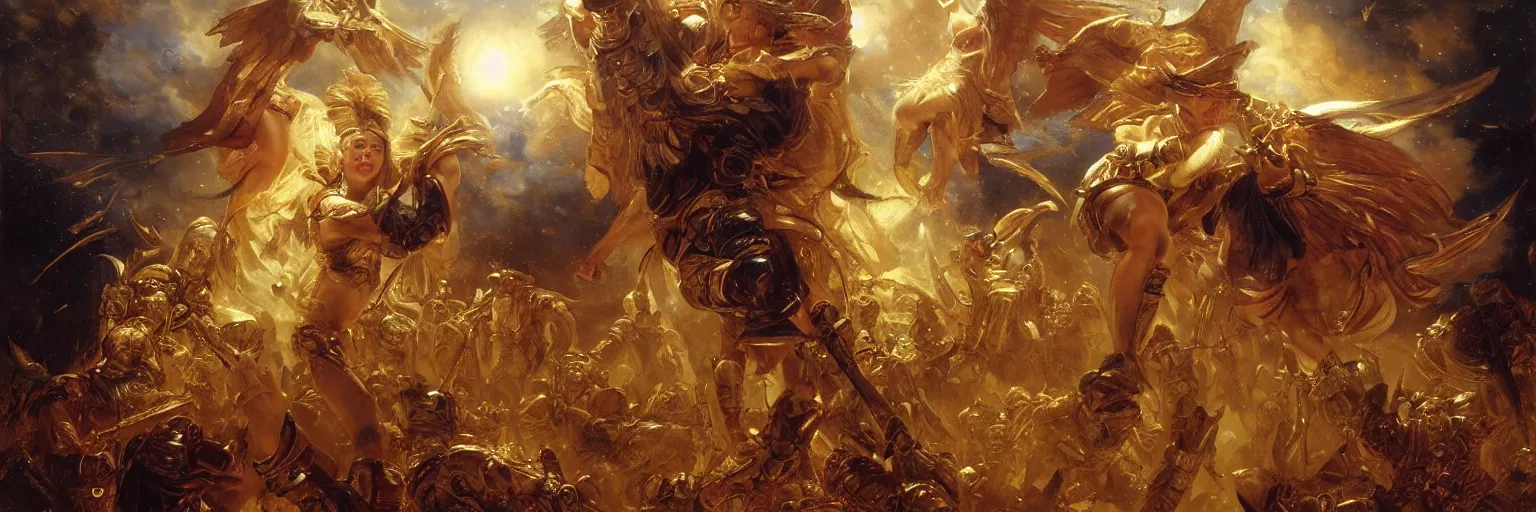 Image similar to a young girl wearing a gold armor in the night sky fighting angels, golden light in the darkness, blood, battlefield, extremely realistic and highly detailed painting by gaston bussiere and j. c. leyendecker 8 k